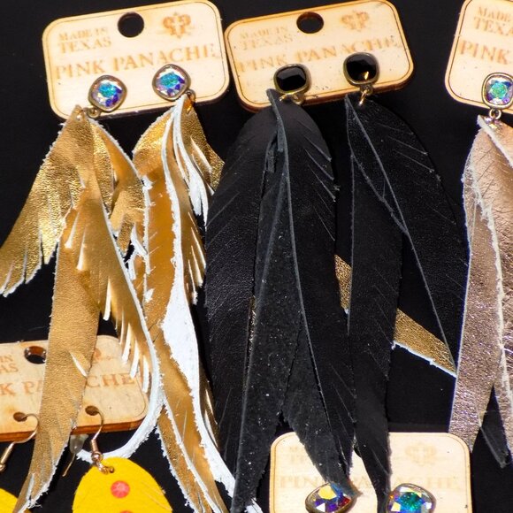 Lot 6 Pairs w/$221 Tags Pink Panache Leather Boho Feathered Earrings Bundle - Picture 2 of 6